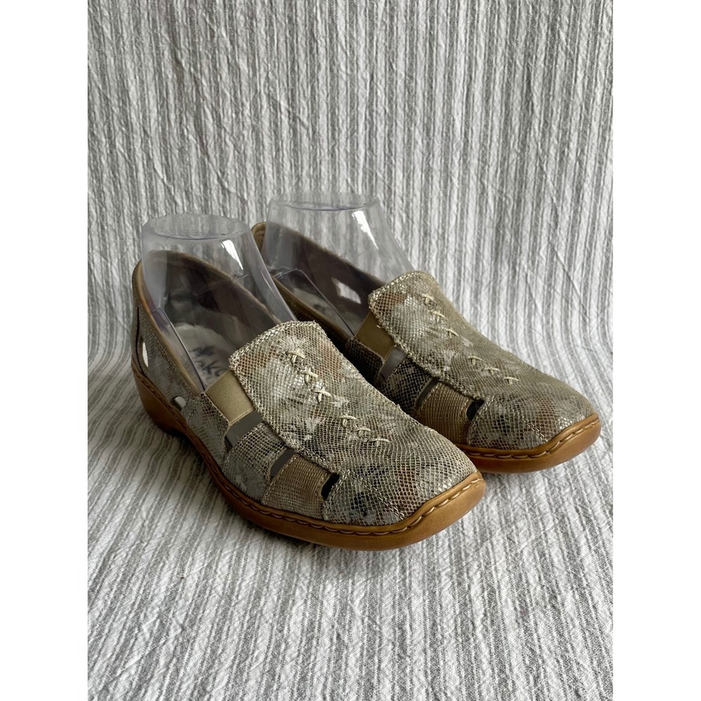 Rieker Antistress Womens 39 Metallic Snakeskin Cutout Leather Loafers Low Wedge
